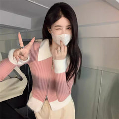Aiertu joker costume female outfit Sweet and Spicy Fur Collar Knitted Cardigan Women's Niche Double Zipper Slimming Short Sweater aiertu