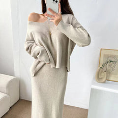 Aiertu duo costumes Women's Korean-Style Chic Autumn and Winter Gentle Temperament V-neck Pullover Sweater + High Waist Slimming Sheath Half-Length aiertu