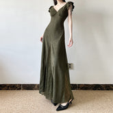 Aiertu prom dresses Retro Lace Stitching V-neck Chest Pleated Small Flying Sleeve Dress Women's Waist-Tight Temperament Royal Sister Dress aiertu