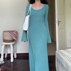 Aiertu fashion outfits Hong Kong Style Retro French Bell Sleeve round Neck Knitted Dress Women's Autumn Bottoming Dress Unique Super Nice Niche aiertu