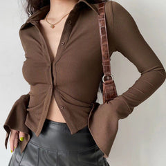Aiertu 2000s fashion Five-Color All-Match Polo Lapel Bell Sleeve Shirt Women's American-Style Slim-Fit Stretch Long-Sleeved Shirt aiertu