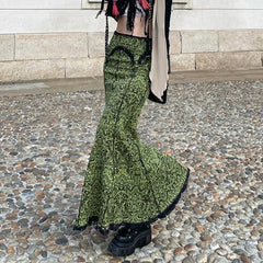 Aiertu fall outfits women Vintage Printed Reverse Lace Irregular Elastic Waist Slim Fishtail Long Skirt aiertu