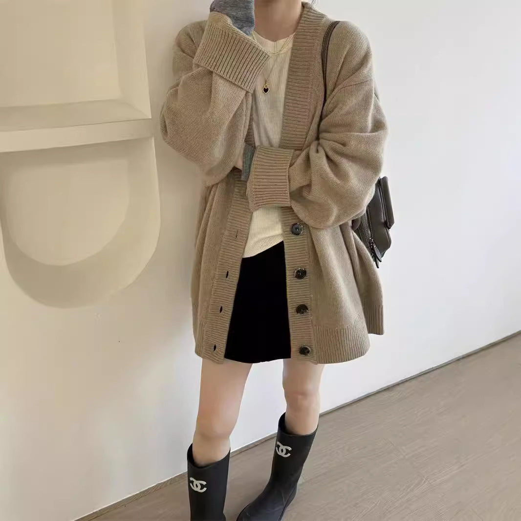 Aiertu joker costume female outfit Korean Style Loose Lazy Style Thickened Mid-Length Cashmere Cardigan Women's Autumn and Winter plus Size V-neck Pure Wool Knitted Coat aiertu
