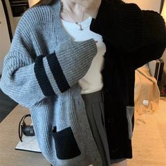 Aiertu cold weather outfits Contrast Color Stitching Knitted Cardigan 2024 Autumn and Winter Korean Style Large Loose Lazy Style Sweater Coat aiertu