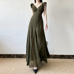 Aiertu prom dresses Mori Vintage Lace Stitching See-through V-neck Dress Summer American Fashion Small Flying Sleeve Dress aiertu