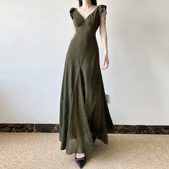 Aiertu prom dresses Mori Vintage Lace Stitching See-through V-neck Dress Summer American Fashion Small Flying Sleeve Dress aiertu