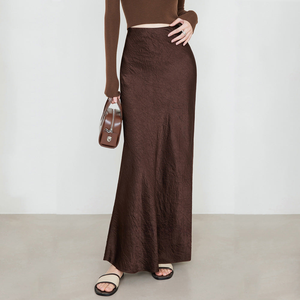 Aiertu fashion outfits Women's Summer Satin Skirt High Waist Elastic Clutch Pattern Long Skirt Elegant Solid Color Long Skirt aiertu