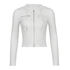 Aiertu guys clothing styles Autumn Women's Casual Fashion Short Solid Color Thread Pocket Zipper Hooded Long Sleeve Jacket aiertu