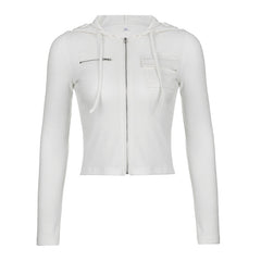 Aiertu guys clothing styles Autumn Women's Casual Fashion Short Solid Color Thread Pocket Zipper Hooded Long Sleeve Jacket aiertu