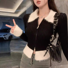 Aiertu joker costume female outfit Sweet and Spicy Fur Collar Knitted Cardigan Women's Niche Double Zipper Slimming Short Sweater aiertu