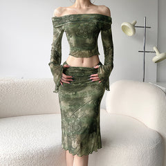 Aiertu concert outfit Mori Vintage Printed Mesh Suit Sexy off-Shoulder Bell Sleeve Top Slim Low Waist Skirt Two-Piece Set aiertu