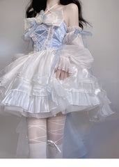Aiertu Modest Ball Gown Strapless Blue Organza Floral Holiday Lolita Dress Birthday Dresses Birthday Outfits HOT1240 Aiertu