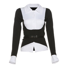 Aiertu y2k outfits Style Autumn Women's Solid Color Slim-Fit Street Fashion Lapel Long Sleeve Fake Two-Piece Top aiertu