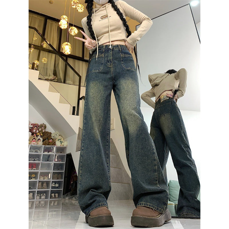 Aiertu guys clothing styles Fleece-lined plus Size Cement Gray Wide-Leg Jeans Women's Autumn and Winter High Waist Loose Slimming Straight Pants aiertu