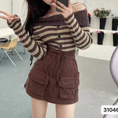 Aiertu long sweater dress outfit Off-Neck Striped Pleated Sweater Women's Chic Slim Top Autumn Short Long Sleeve aiertu