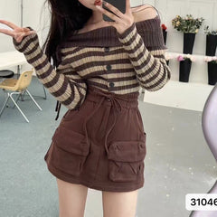 Aiertu long sweater dress outfit Off-Neck Striped Pleated Sweater Women's Chic Slim Top Autumn Short Long Sleeve aiertu
