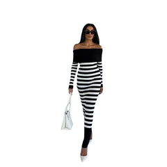 Aiertu long sweater dress outfit Autumn and Winter Elegant Slim-Fit Sheath Slimming off-Shoulder Collarbone Black and White Stripe Knitted Dress aiertu