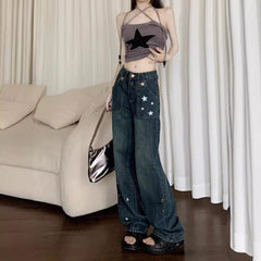 Aiertu shamar American High Street Star Straight Jeans Women's Spring and Autumn Retro High Waist Loose Slimming Wide Leg Trousers aiertu