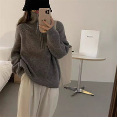 Aiertu clothes Korean Style Half Zipper Sweater Women's Autumn and Winter New Style Pit Design Sense Stand Collar Soft Glutinous Loose Outer Wear Sweater Top aiertu