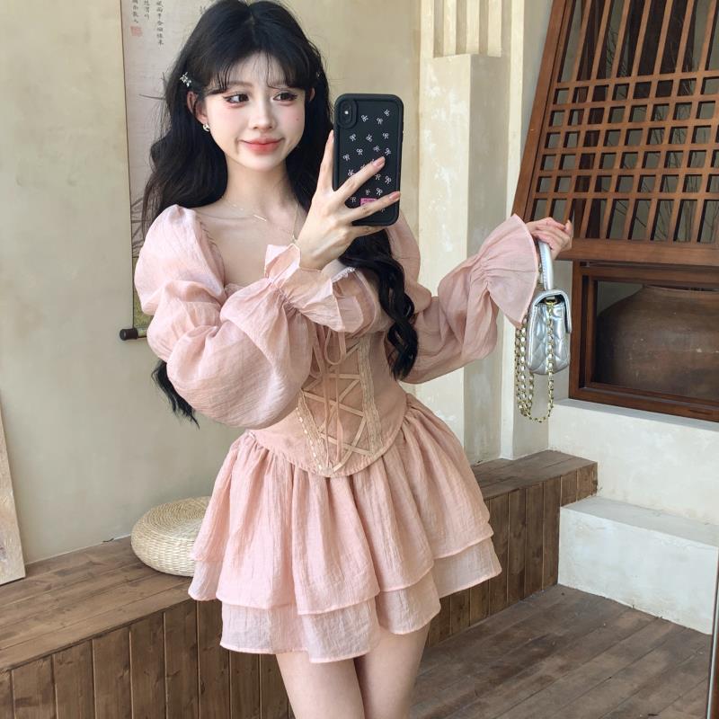 Aiertu prom dresses Lace Puff Sleeve Long Sleeve Square Collar Shirt Top Women's Autumn Chic Sweet Spicy Suit Skirt Two-Piece Set aiertu