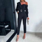 Aiertu Summer Fashion Slant Shoulder Collar Waist Slim Solid Color Straight Jumpsuit for Women aiertu