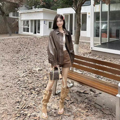 Aiertu dress to impress outfits Retro American-Style Brown Leather Jacket Women's Autumn Black Sweet Cool Motorcycle PU Leather Loose Long-Sleeved Top aiertu