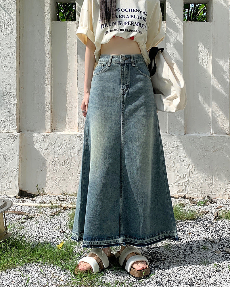 Aiertu 90s fashion Autumn New Women's Retro Frayed Denim Skirt High Waist Slimming A- line Large Swing Dress Sexy aiertu