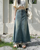 Aiertu 90s fashion Autumn New Women's Retro Frayed Denim Skirt High Waist Slimming A- line Large Swing Dress Sexy aiertu