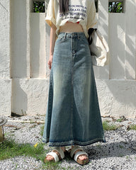 Aiertu 90s fashion Autumn New Women's Retro Frayed Denim Skirt High Waist Slimming A- line Large Swing Dress Sexy aiertu