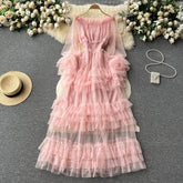 Aiertu summer outfits inspo French Style High-Grade Ruffled Mesh Cake Dress Women's Waist Slimming Temperament off-Shoulder Super Fairy Long Skirt aiertu
