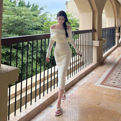 Aiertu long sweater dress outfit Gentle Style White Soft Glutinous off-Shoulder Sweater Dress Autumn and Winter Elegant Slim-Fit off-Shoulder Bottoming Knitted Dress aiertu