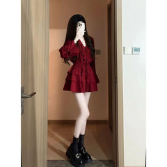 Aiertu leapord halloween outfit French Style White Red Lace V-neck Ruffled Suit Women's Spring High Waist Cake Short Skirt Temperament Two-Piece Set aiertu