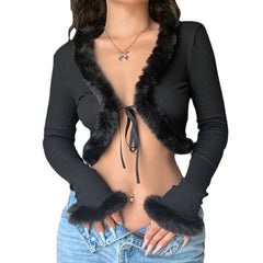 Aiertu y2k outfits Fashionable Autumn Sexy Women's Top New Furry Lace-up Pit Cardigan Short V-neck Slim Top aiertu