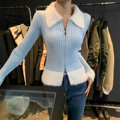 Aiertu joker costume female outfit Sweet and Spicy Fur Collar Knitted Cardigan Women's Niche Double Zipper Slimming Short Sweater aiertu