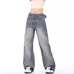 Aiertu y2k outfits Retro Niche Belt Jeans Women's American Retro Loose Fashion Straight Washed Jeans aiertu
