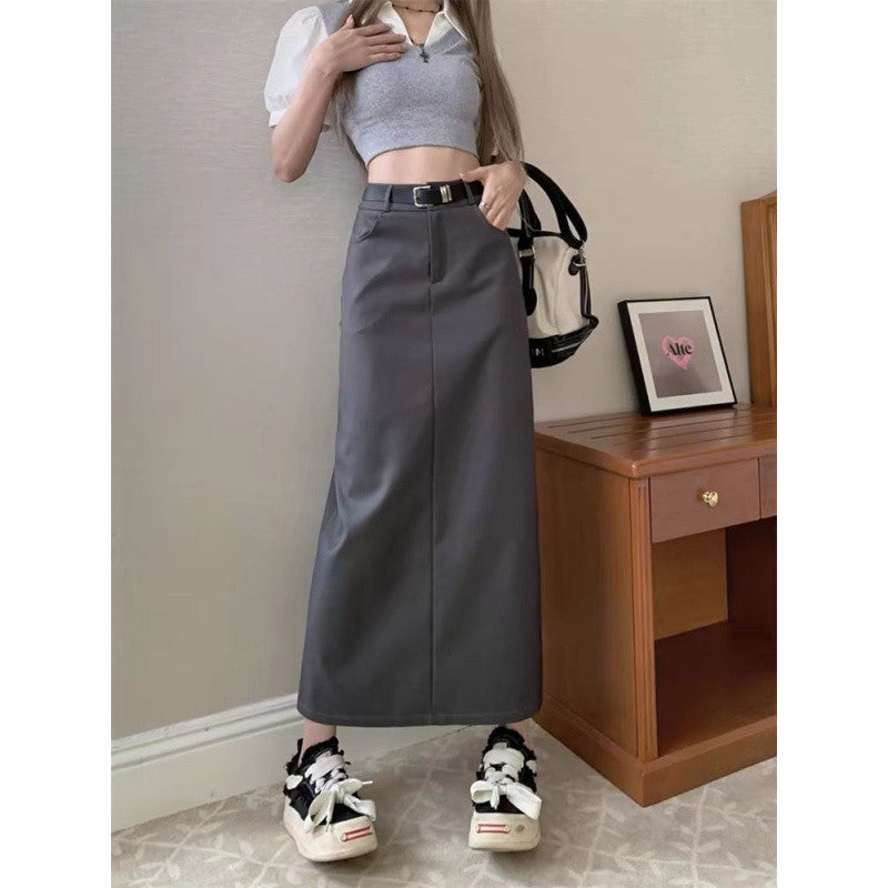 Aiertu business casual outfits Gray A- line Skirt for Women plus Size Chubby Girl High Waist Slimming Mid-Length Suit Skirt for Summer aiertu