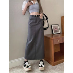 Aiertu business casual outfits Gray A- line Skirt for Women plus Size Chubby Girl High Waist Slimming Mid-Length Suit Skirt for Summer aiertu