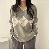 Aiertu tyler the creator outfits Rhombic Loose Pullover Sweater Women's Early Spring Korean Style round Neck Long Sleeve Top Coat Fashion aiertu