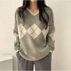 Aiertu tyler the creator outfits Rhombic Loose Pullover Sweater Women's Early Spring Korean Style round Neck Long Sleeve Top Coat Fashion aiertu