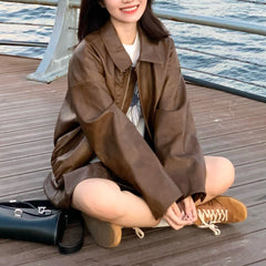 Aiertu y2k outfits French Style Small Leather Coat Suit Women's Autumn Shanggao Ji Sense Loose Jacket Jacket Skirt Two-Piece Suit aiertu