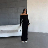 Aiertu long sweater dress outfit Autumn and Winter Elegant Slim-Fit Sheath Slimming off-Shoulder Collarbone Black and White Stripe Knitted Dress aiertu