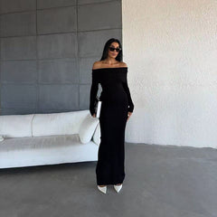 Aiertu long sweater dress outfit Autumn and Winter Elegant Slim-Fit Sheath Slimming off-Shoulder Collarbone Black and White Stripe Knitted Dress aiertu