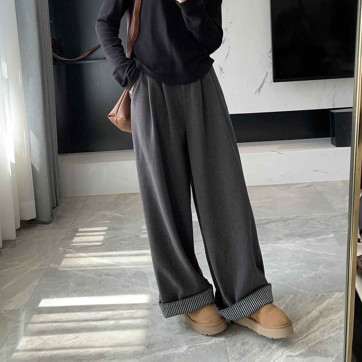 Aiertu fall outfits women Flanging Design Fleece Wide-Leg Pants Autumn and Winter New High Waist Loose Slimming Korean Casual Trousers aiertu