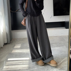 Aiertu fall outfits women Flanging Design Fleece Wide-Leg Pants Autumn and Winter New High Waist Loose Slimming Korean Casual Trousers aiertu