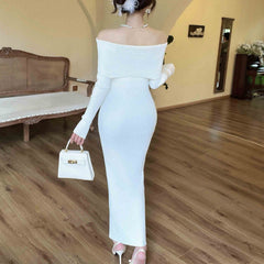 Aiertu long sweater dress outfit Women's off-the-Shoulder Back Knitted Dress Autumn and Winter Inner Wear Lazy Style Elegant French Style Arm Skirt aiertu