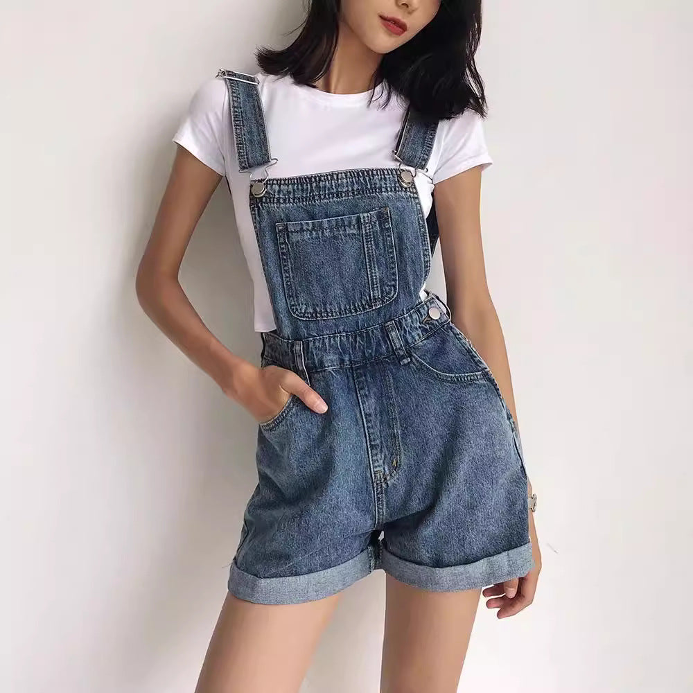 Aiertu Summer Korean Style Student Denim Suspender Pants Women's Preppy Style Wide Leg Shorts Loose Curling Denim Tide aiertu