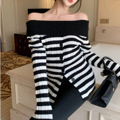 Aiertu long sweater dress outfit Off-Neck Striped Pleated Sweater Women's Chic Slim Top Autumn Short Long Sleeve aiertu