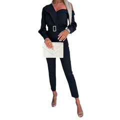Aiertu Summer Fashion Slant Shoulder Collar Waist Slim Solid Color Straight Jumpsuit for Women aiertu