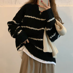 Aiertu fall outfits Retro Japanese Style Lazy Loose Sweater Women's Thickened Autumn and Winter Long Sleeve Striped Half Turtleneck Sweater aiertu