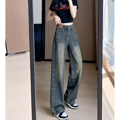 Aiertu guys clothing styles American Retro Distressed Washed Jeans Women's Autumn Draping Straight Trousers Loose Slimming Wide-Leg Pants Fashion aiertu